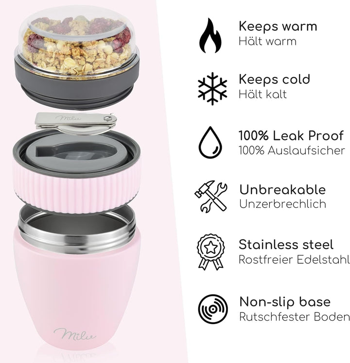 Milu Müslibecher to go 400ml I isolierter Edelstahl Joghurtbecher für Müsli I auslaufsicherer Becher