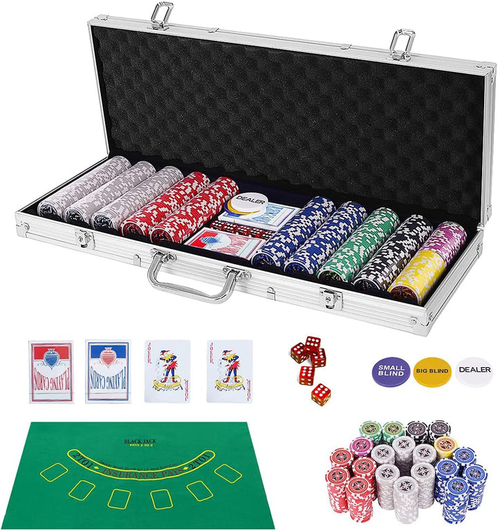 GOPLUS 500 Laserchips Pokerset, Poker Komplett Set, Pokerkoffer Set, inkl. 500 Laserchips, 2 Pokerde