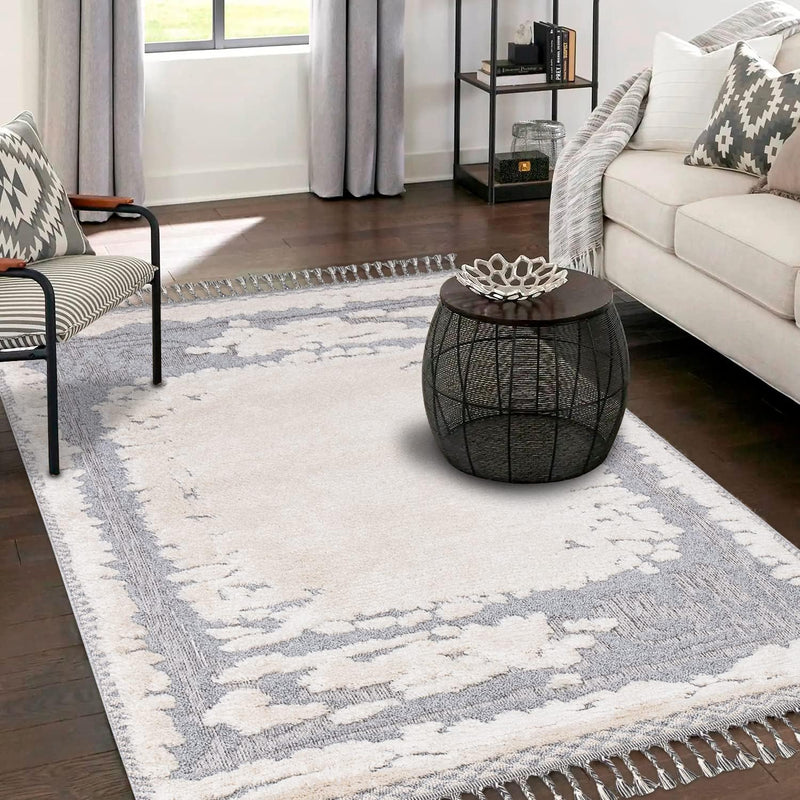 payé Teppich Wohnzimmer - Abstrak - 80x150cm - Creme Grau Blau - Fransen Deko Boho Flauschig - Cut &