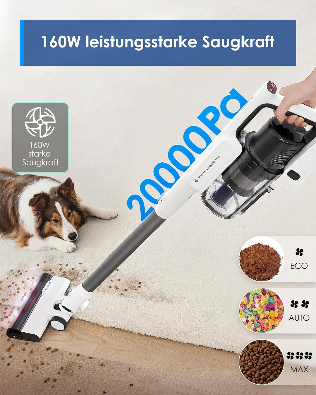 Tineco A30S Akku-Staubsauger, Kabelloser Stabstaubsauger 160AW Saugerkraft 60 Min Laufzeit, 1L Staub
