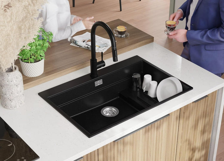 PRIMAGRAN Spülbecken Schwarz 78x53cm, Granitspüle 1 Becken + Ablauf-Set, Küchenspüle ab 80er Untersc