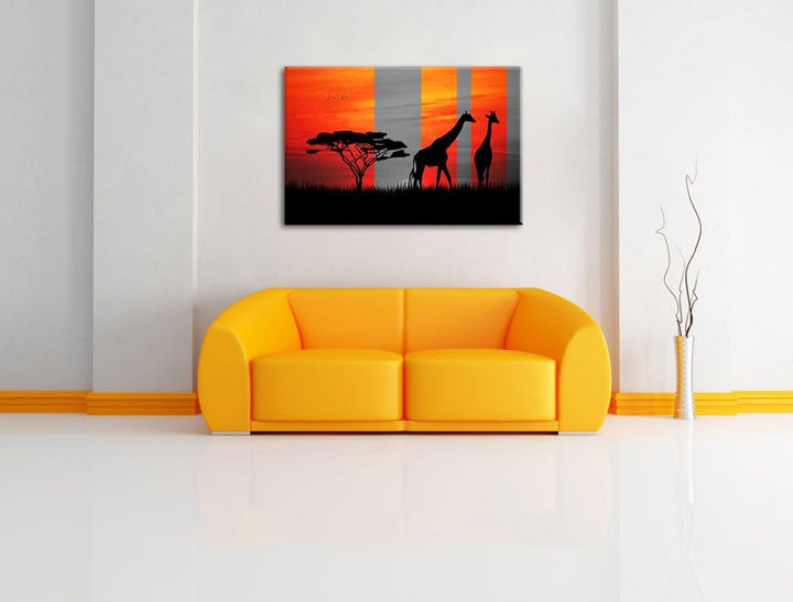 Afrika Giraffen im Sonnenuntergang schwarz/weiss Format: 100x70 auf Leinwand, XXL riesige Bilder fer