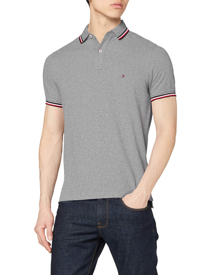 Tommy Hilfiger Herren Core Tommy Tipped Slim Polo Kurzarm Poloshirts L Grau (Medium Grey Heather), L