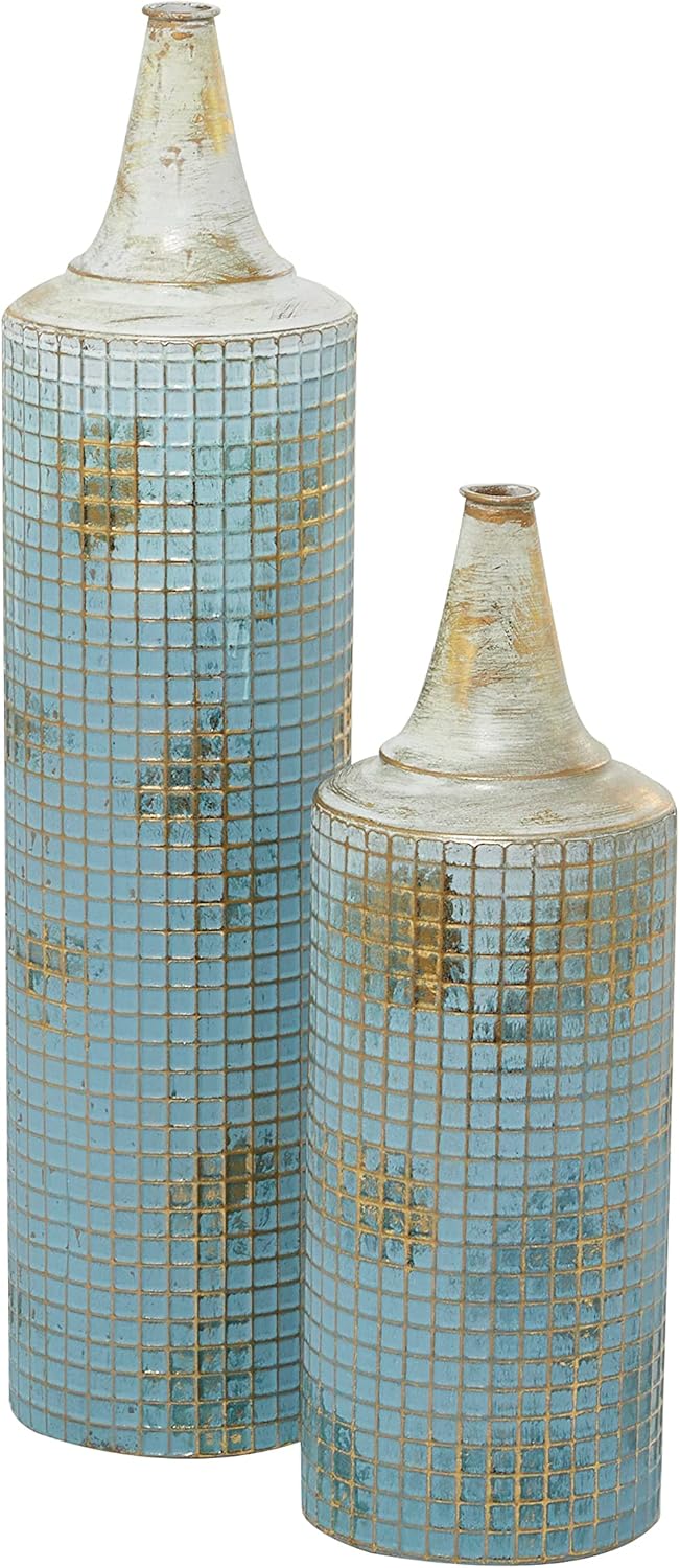 Deco 79 Hohe Vase, Metall, Used-Look, 63,5 cm, 45,7 cm hoch, Blau 2 PIECES LARGE SIZE Blau, 2 PIECES