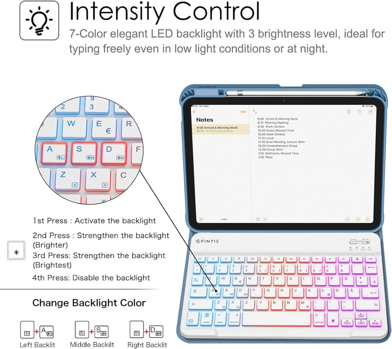Fintie Tastatur Hülle für iPad 10. Generation 2022 (10.9 Zoll), Keyboard Case mit 7-farbig Beleuchte