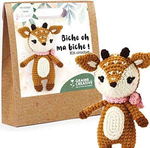 Graine Créative Häkelset Hirsch – 17 cm – 12 Stück 1 Beige, Braun, Schwarz, 1 Beige, Braun, Schwarz