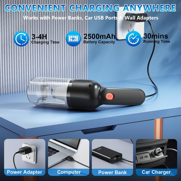 Handstaubsauger Kabellos, Leistungsstarker Auto Staubsauger mit LED-Licht, Mini Tragbarer Staubsauge