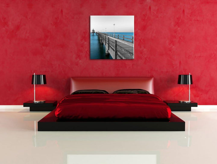 Langer Pier Steg ins Meer schwarz/weiss, Format: 70x70 auf Leinwand, riesige Bilder fertig gerahmt m