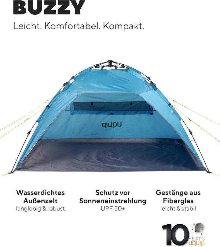 Uquip XL Buzzy Strandzelt mit UV Schutz 50+ Sonnenschutz, Windschutz oder Regenschutz für die ganze