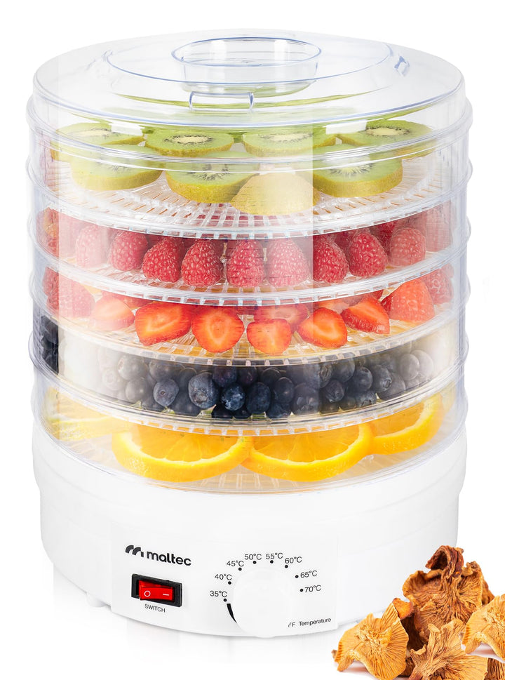 Maltec Dörrautomat Dörrgerät mit 5 Einlegefächer, Lebensmitteltrockner 35-70°C, 24h-Timer, Obsttrock