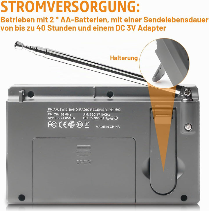 Tragbares Radio, AM,FM,SW Kofferradio mit LCD-Display, Batteriebetrieb, Eingebautem Lautsprecher Ala