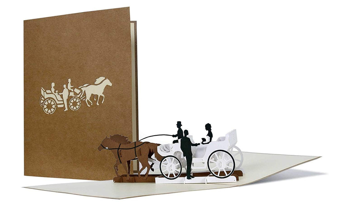 Schöne Karte zur Hochzeit aus Kraftpapier, Paar in Hochzeitskutsche, Karte für Verliebte, Hochzeitsk