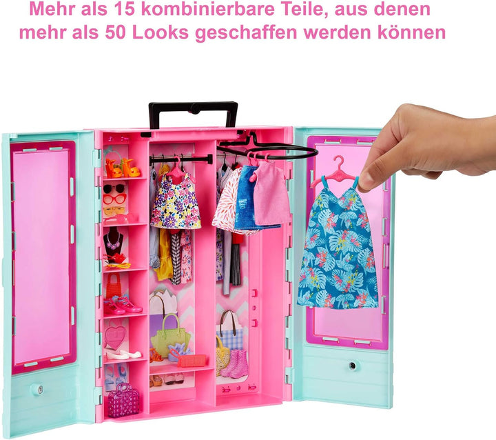Barbie Kleiderschrank mit Kleidung und Accessoires, Garderobenschrank mit Falttüren und Tragegriff,