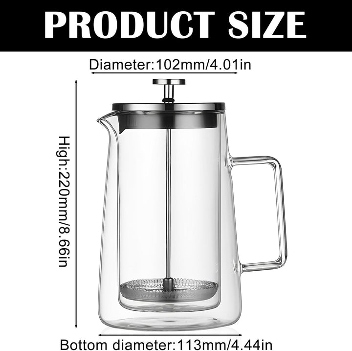 BORDEAG Kaffeebereiter Glas, 113 x 102 x 220mm French Press Edelstahl, French Press 1 Liter, Kaffeep