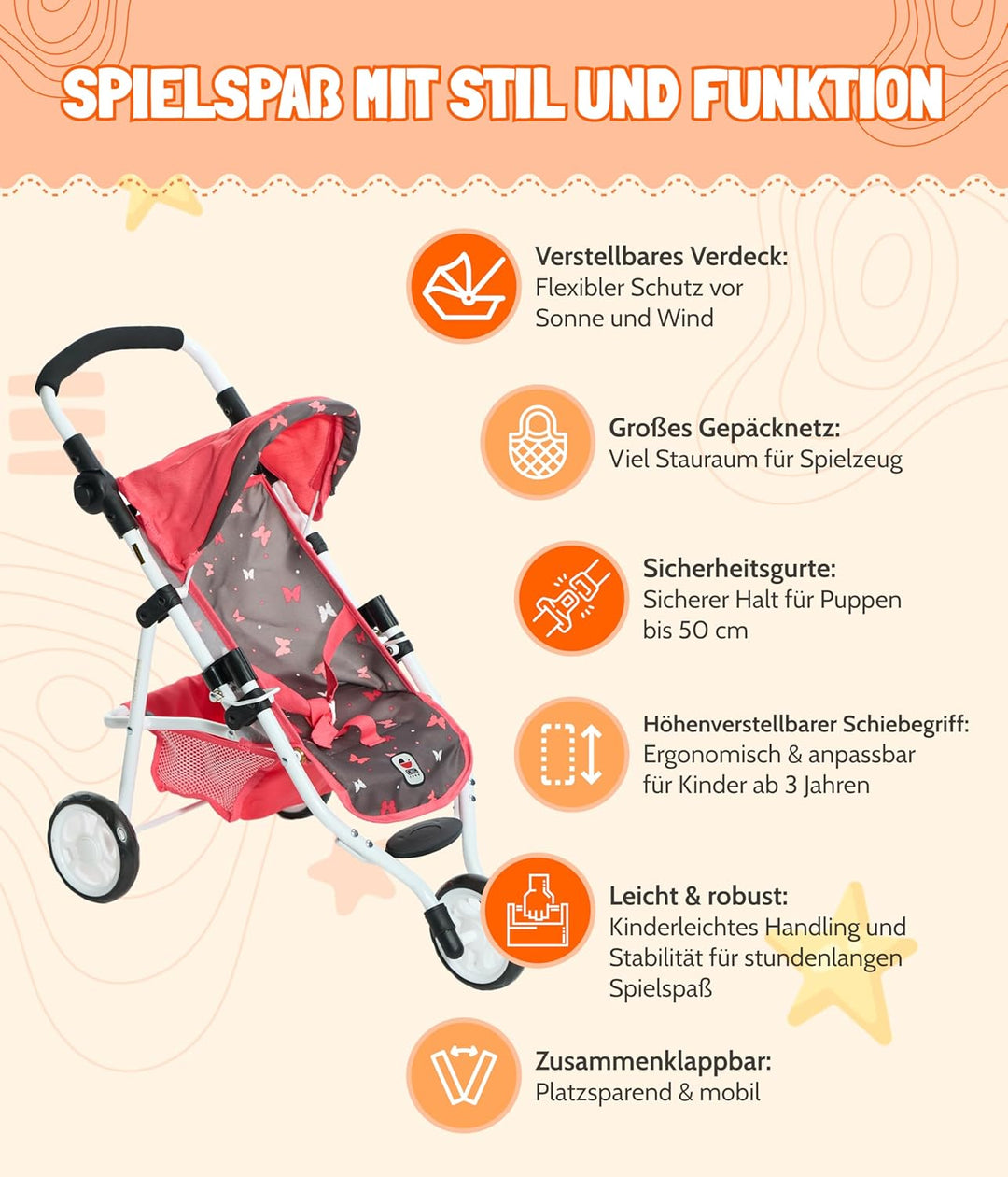 Bayer Chic 2000 - Puppenbuggy Lola, Kinderwagen für Puppen bis ca. 50 cm Grösse, Jogging-Buggy, Pupp