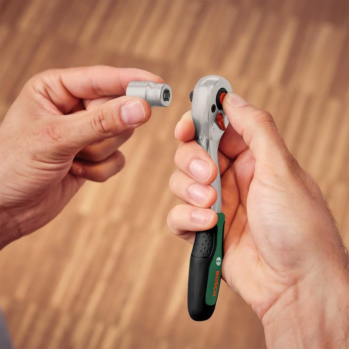 Bosch Ratschen Set 1/4" + 1/2", 57-teilig (Zwei robuste Ratschen; 55 Zubehöre; Hohes Drehmoment; Ver