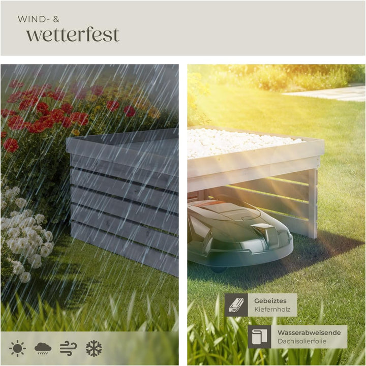 tectake® Mähroboter Garage, Holz Unterstand für Rasenmähroboter, mit Pflanzkasten, wetterfest, Rasen