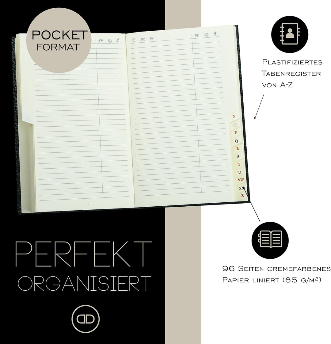 DELMON VARONE - Personalisierbares Adressbuch DIN A7 gebunden mit A-Z Register Soft Grain Premium Le
