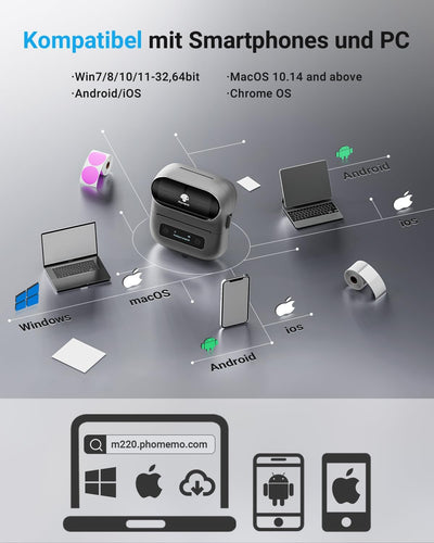 Phomemo M220 Etikettendrucker, Grauer Bluetooth Thermo-Etikettendrucker für Barcode, Adresse, Etiket