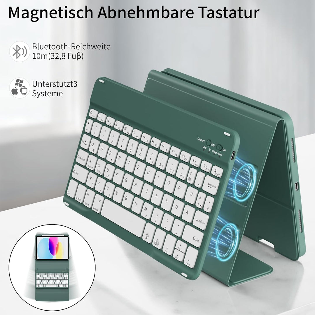 Hülle mit Tastatur für iPad A16 11 Generation 2025/10 Generation 2022 (11/10.9 Zoll) 7 Farben Beleuc