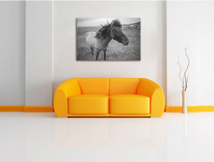 Isländer Pferde in der Wildnis Kunst Buntstift Effekt, Format: 100x70 auf Leinwand, XXL riesige Bild
