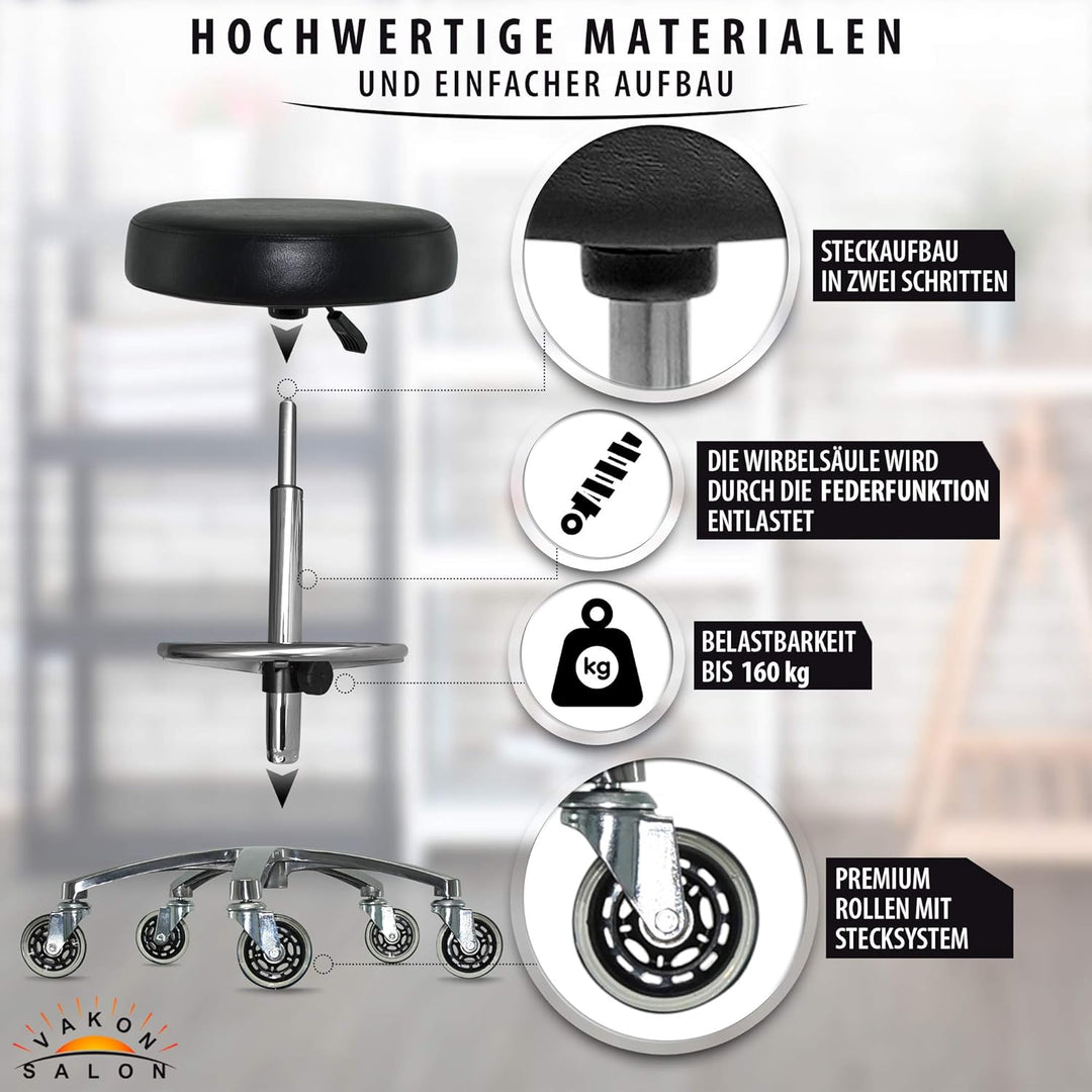 Premium Rollhocker mit Fussring - Höhenverstellbar von 55-75 cm - Rundsitz Drehhocker Arbeitshocker