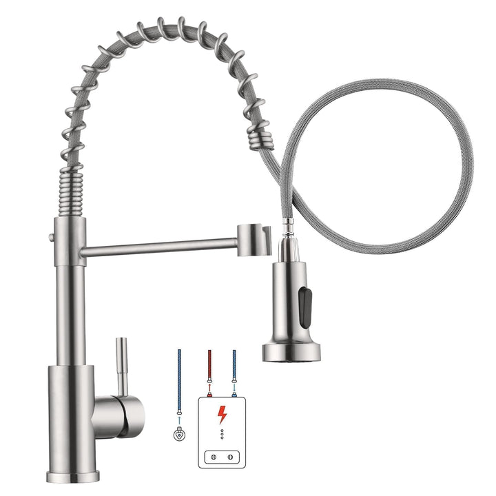 Niederdruck Wasserhahn Küche, Frühling Gebürstet Edelstahl Küchenarmatur mit Brause Ausziehbar 2 Mod