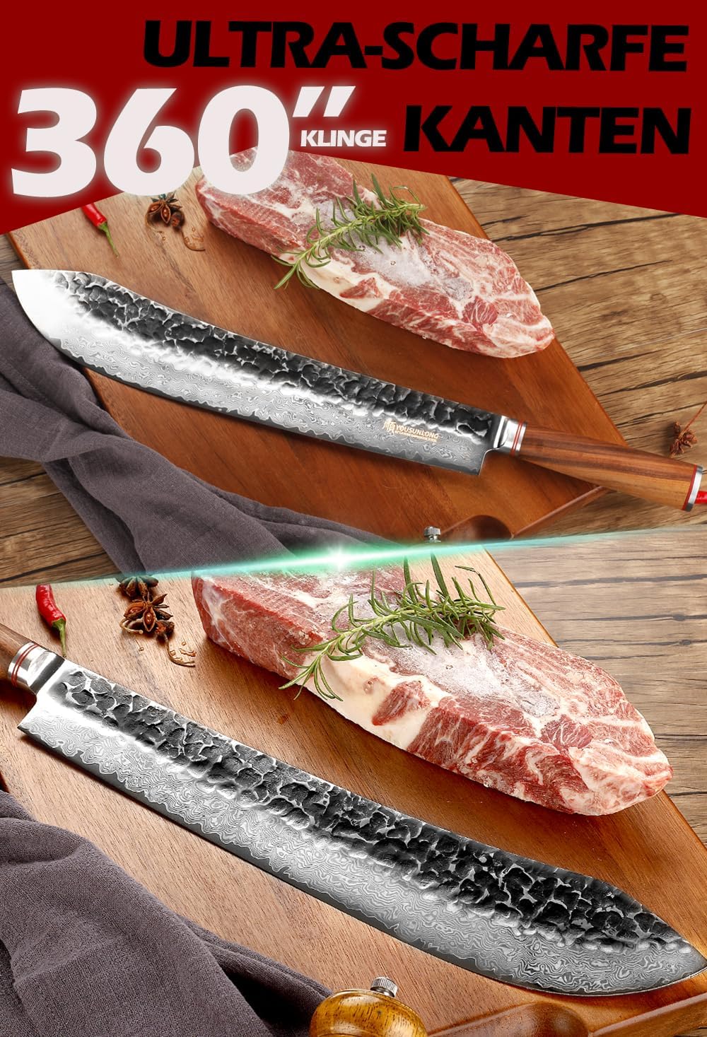 YOUSUNLONG Bull Nose Breaking Knife 356 mm (14 Zoll) Extra Länge Superscharfer gehämmerter Griff aus