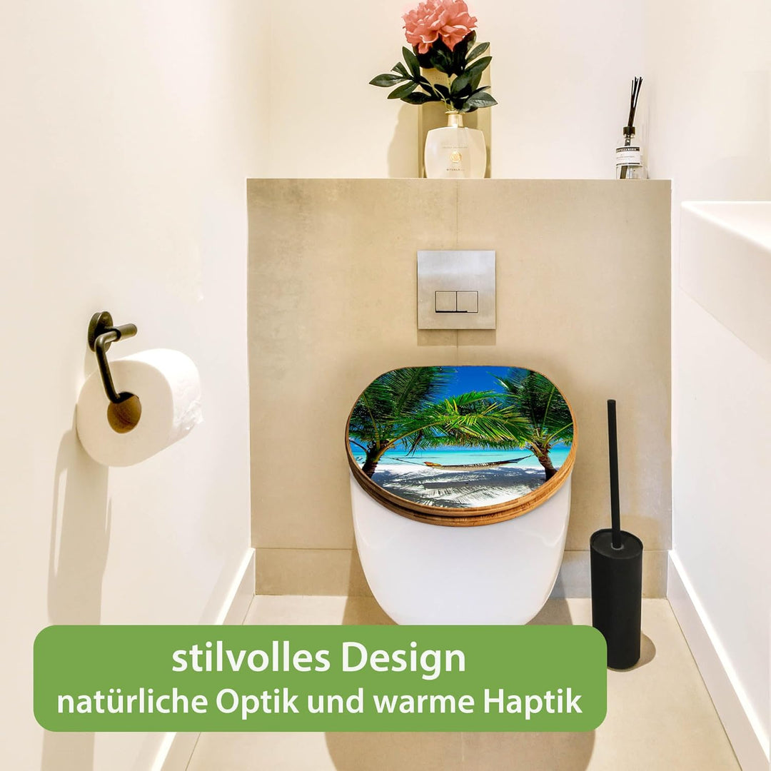 banjado® Design WC Sitz Bambus Absenkautomatik mit Motiv Strand/Toilettendeckel mit Absenkautomatik