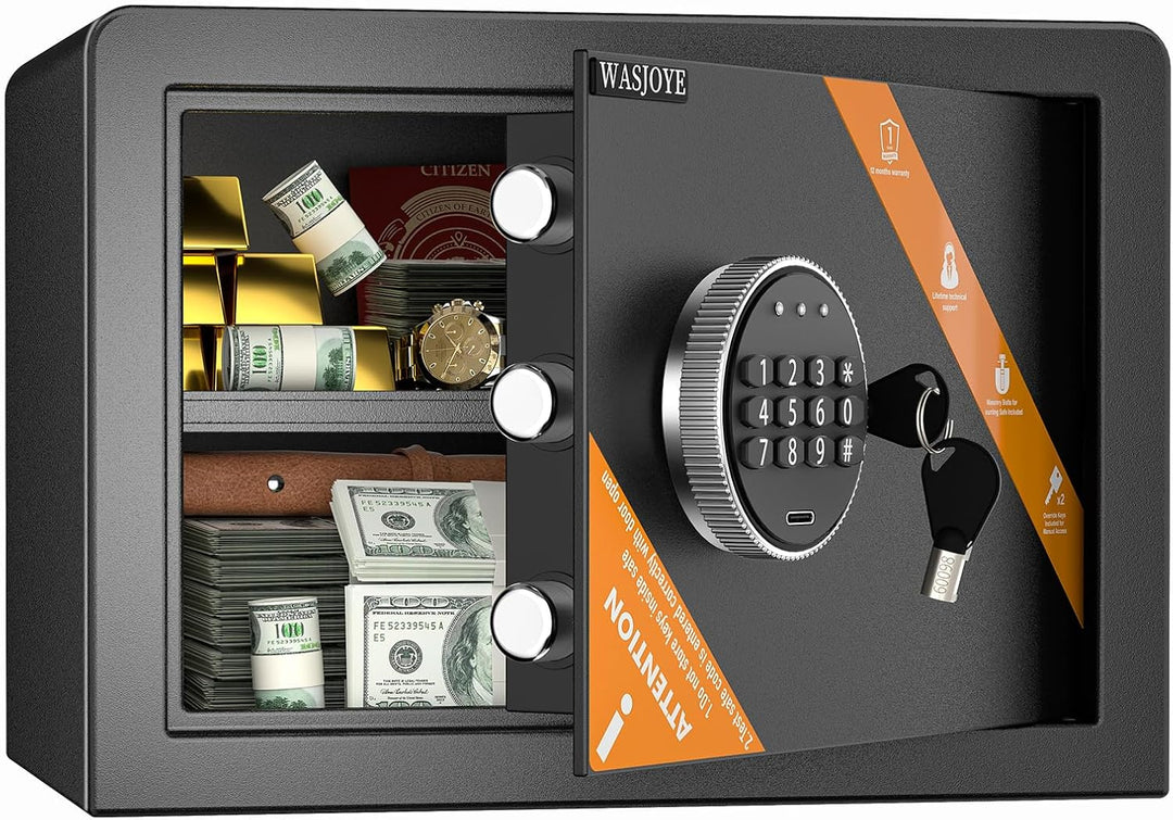 WASJOYE 25L Tresor Safe mit Zahlenschloss, Möbeltresor mit Schlüssel Elektronischem, Digital Geldkas