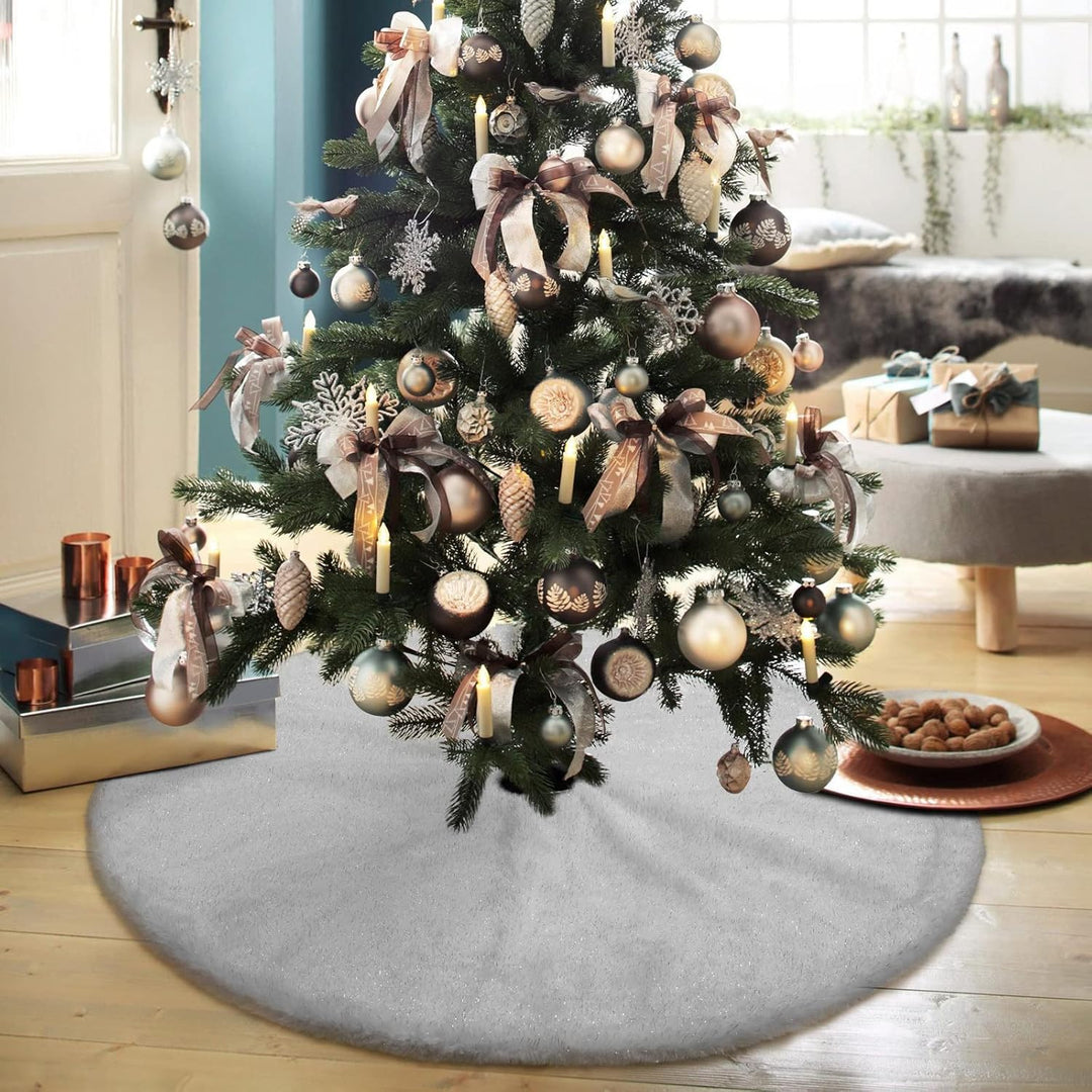 KONVINIT Weihnachtsbaumdecke Grau Plüsch Christmasbaumdecke Glitzer Kunstfell Weihnachtsbaumteppich