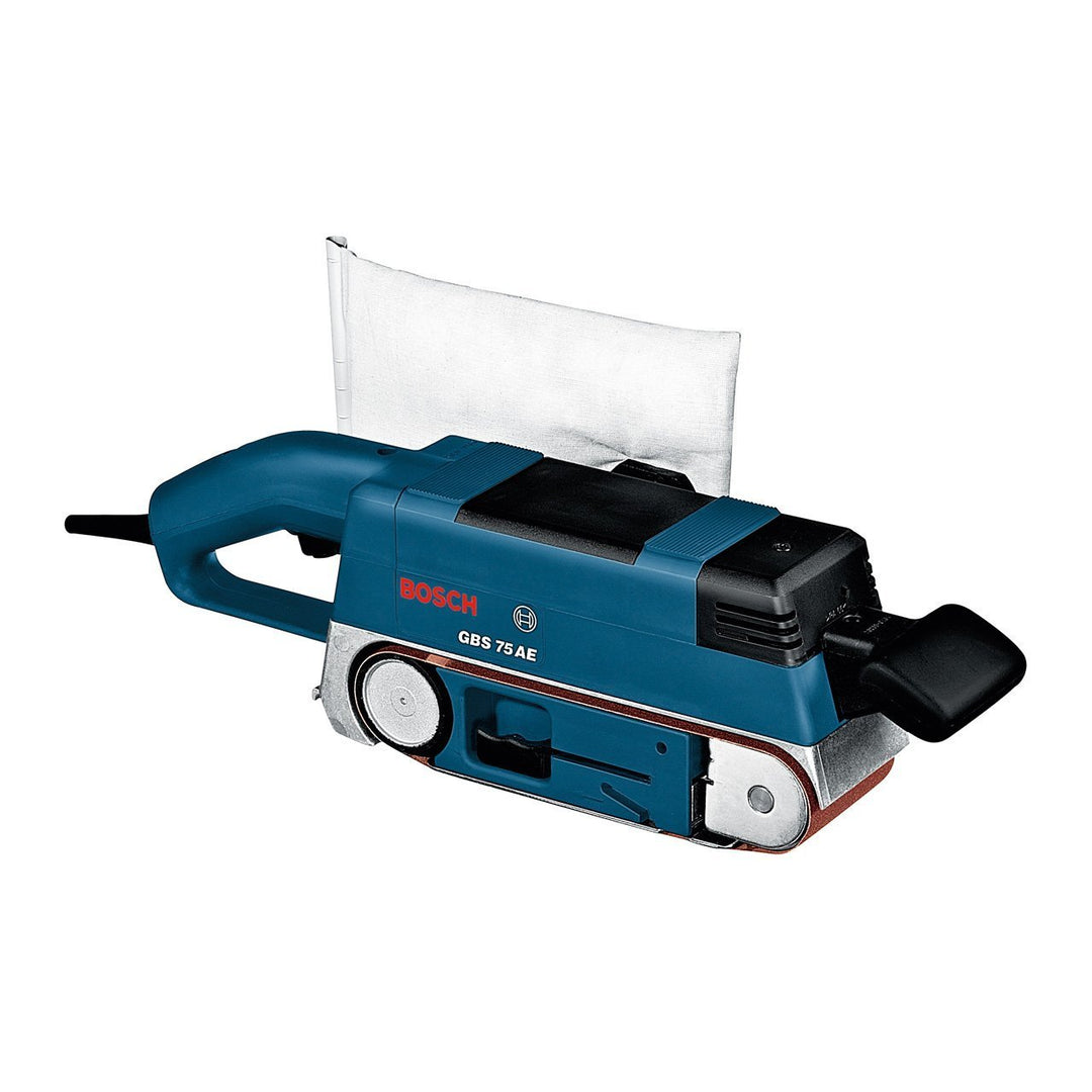 Bosch Professional Bandschleifer GBS 75 AE (750 Watt, inkl. Gewebeschleifband, Staubsack, Grafitplat