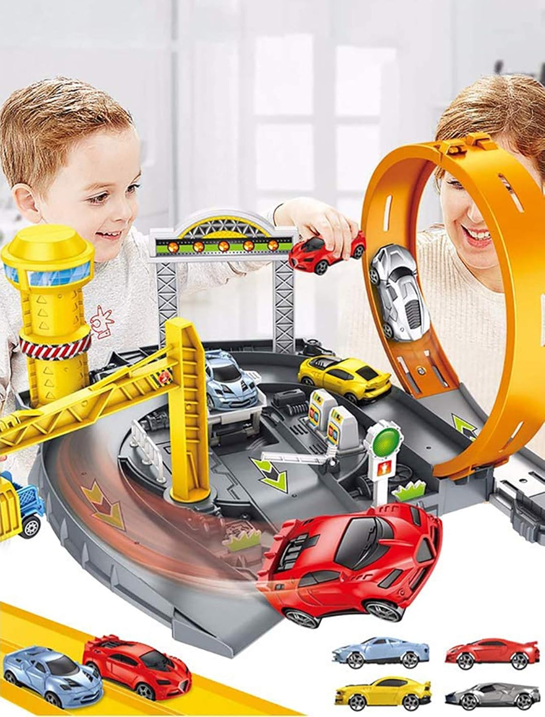 MalPlay Trackset Parkhaus für Kinder mit 4 Spielzeugautos | Rennbahn mit Looping Tracks | ab 3 Jahre