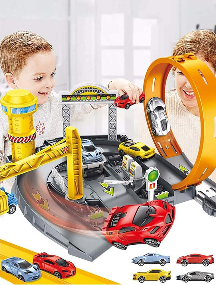MalPlay Trackset Parkhaus für Kinder mit 4 Spielzeugautos | Rennbahn mit Looping Tracks | ab 3 Jahre