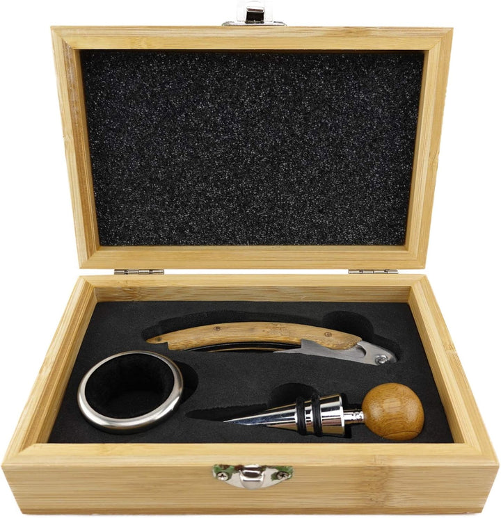 TigerTie - Wein-Set in Bambus-Box mit Kellnermesser/Korkenzieher, Weinkragen, Flaschenverschluss aus