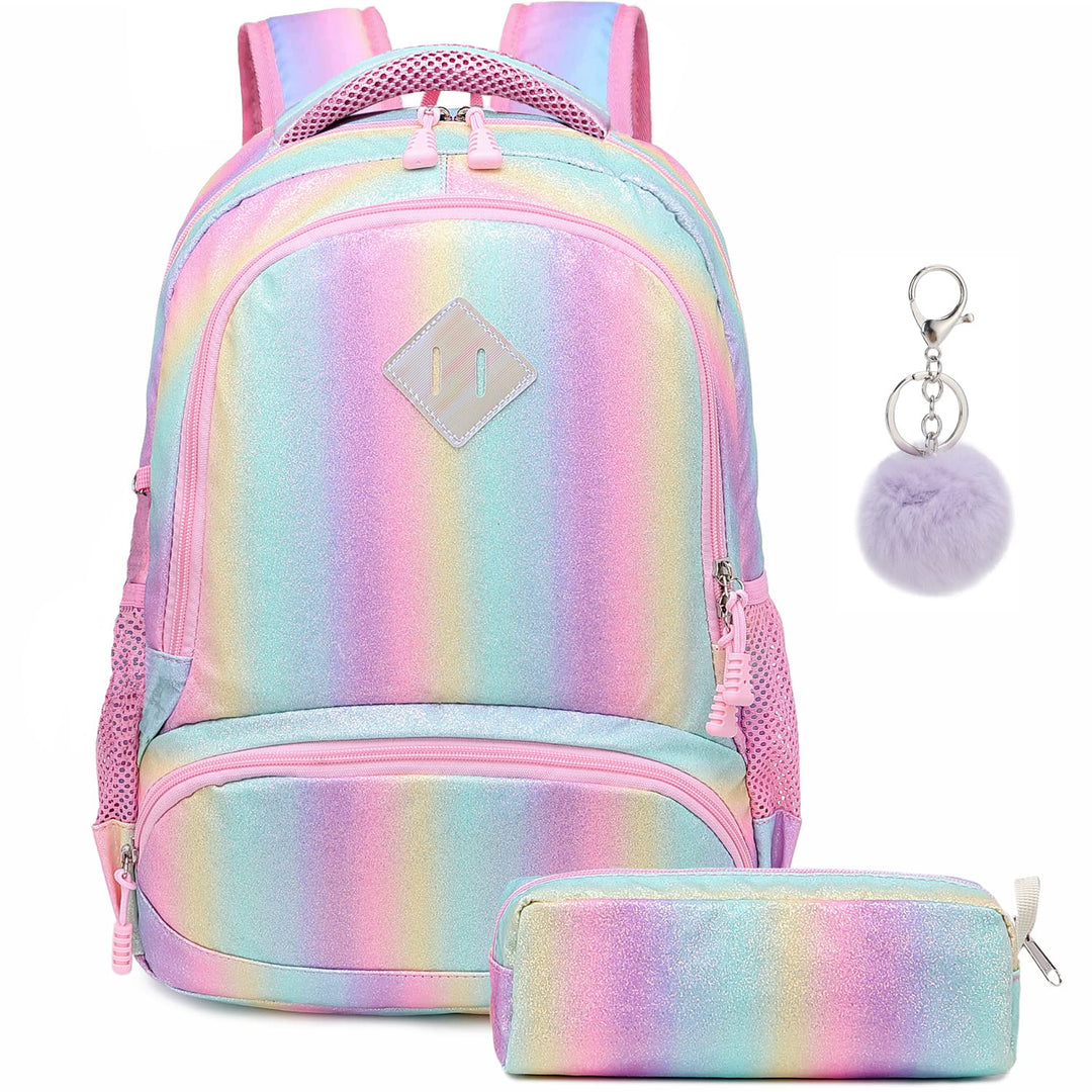 Schultaschen Mädchen Regenbogen Glitzer Rucksack Teenager Set Bunte Schulrucksack Damen Lässiger Tag
