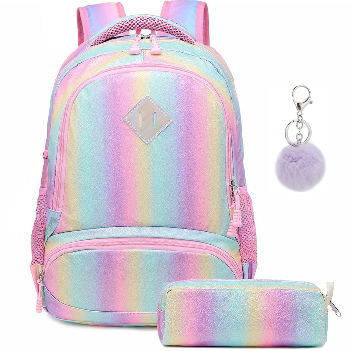 Schultaschen Mädchen Regenbogen Glitzer Rucksack Teenager Set Bunte Schulrucksack Damen Lässiger Tag