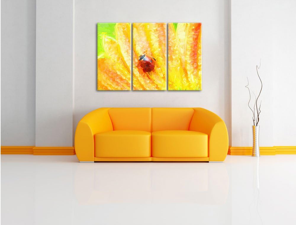 Pixxprint Marienkäfer auf gelber Blume Kunst Pinsel Effekt 3-Teiler Leinwandbild 120x80 Bild auf Lei