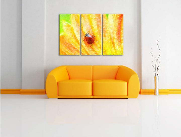 Pixxprint Marienkäfer auf gelber Blume Kunst Pinsel Effekt 3-Teiler Leinwandbild 120x80 Bild auf Lei