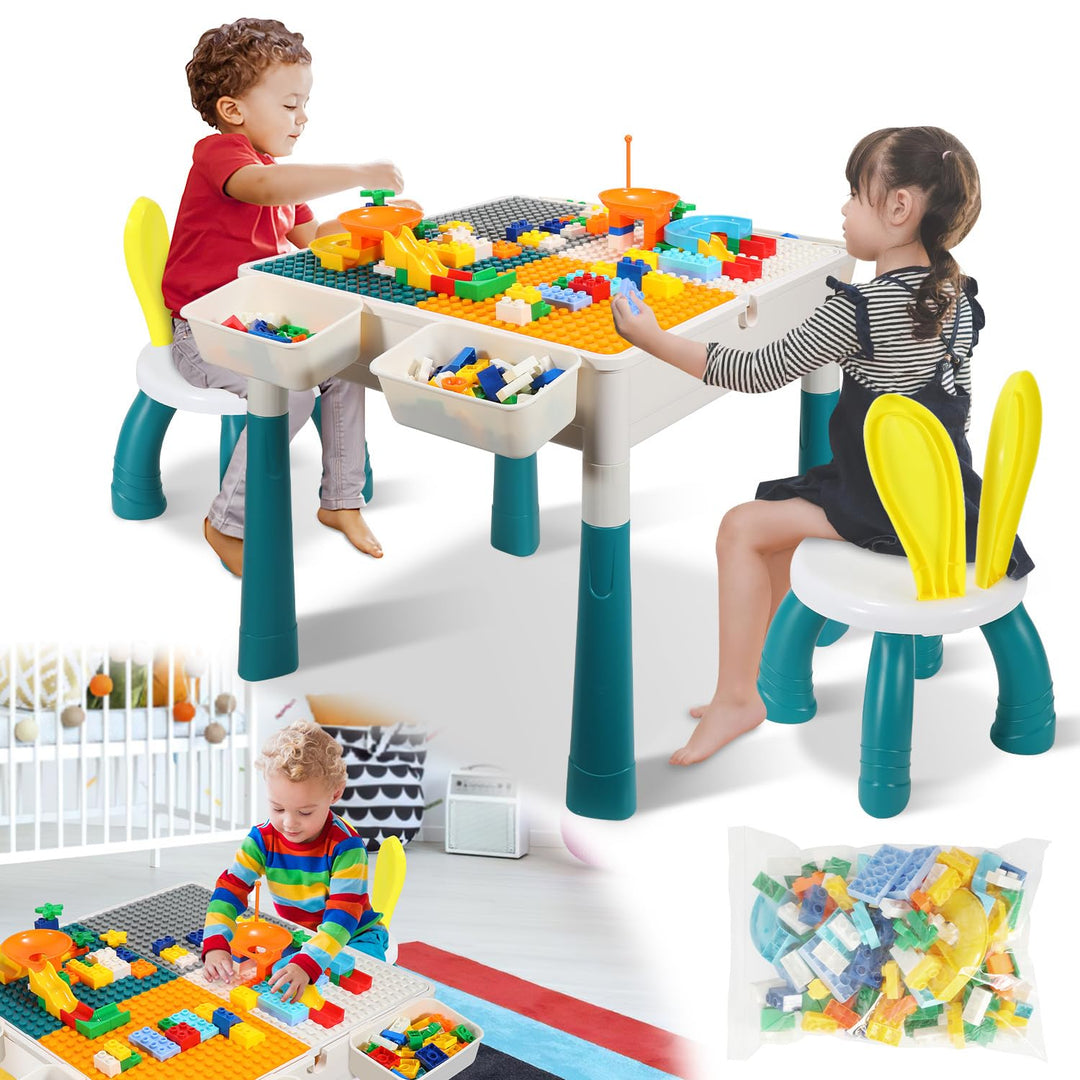 Kindertisch mit 2 Stühlen, Bausteintisch 2-in-1 mit Wendplatte, höhenverstellbar 44/51 cm, Spieltisc