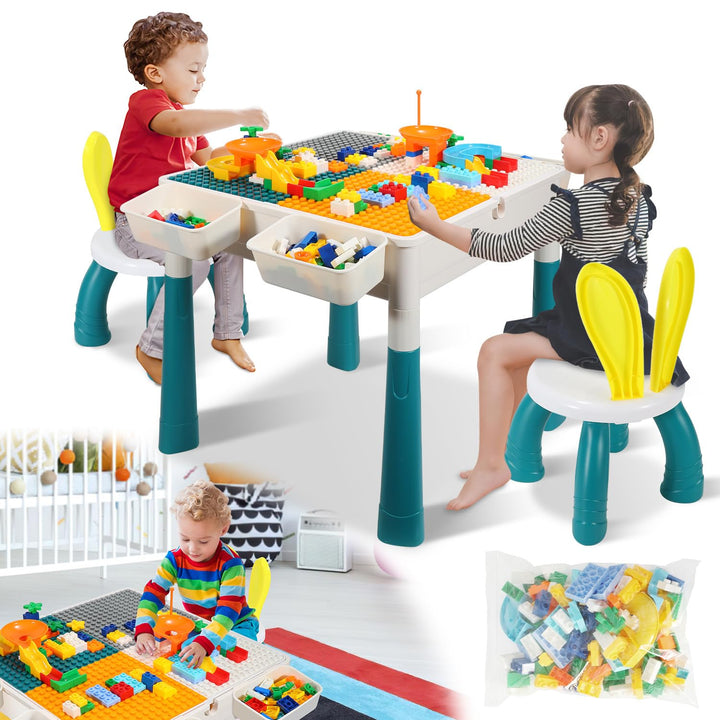 Kindertisch mit 2 Stühlen, Bausteintisch 2-in-1 mit Wendplatte, höhenverstellbar 44/51 cm, Spieltisc