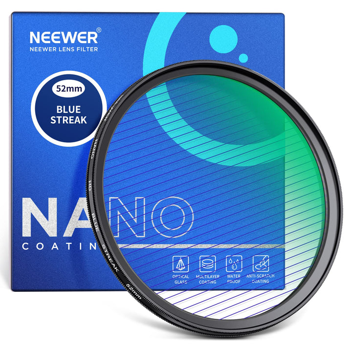 NEEWER 52mm Blue Streak Anamorphic Filter optisches HD Glas, um 360 ° drehbarer Anamorpher Streulich