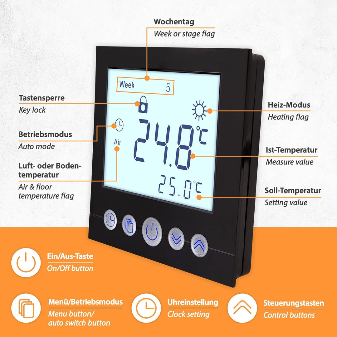 Digitales Unterputzthermostat Thermostat schwarz 8cm Bildschirmdiagonale für Antriebssteuerung elekt