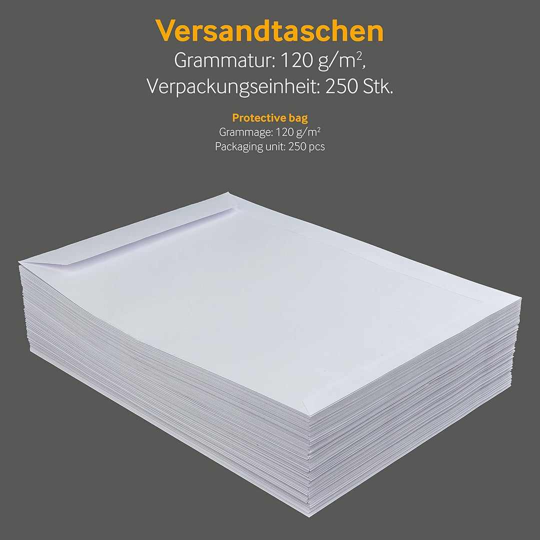 250 Stück, Versandtaschen, C4, ohne Fenster, weiss, Haftklebend, 229 x 324 mm, Briefumschläge, Kuver