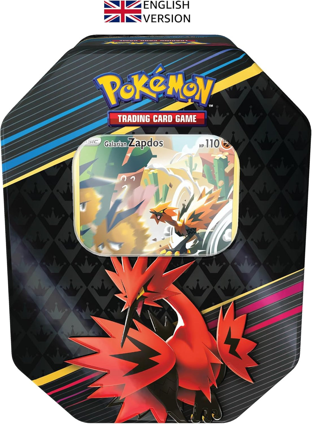 Pokémon-Sammelkartenspiel: Tin-Box Zenit der Könige – Galar-Zapdos (1 holografische Karte & 4 Booste