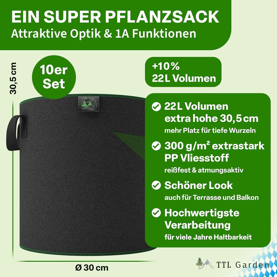 TTL GARDEN 10x 22L Pflanzsack aus Vlies Stoff - aus 300 g/m² Filz &amp; Vlies - | 10er Set 20L +10% = 22