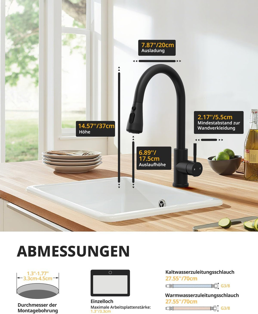 Küchenarmatur, Ausziehbarer Wasserhahn mit Edelstahl-Sprühbrause und 3 Sprühfunktionen, 360° schwenk
