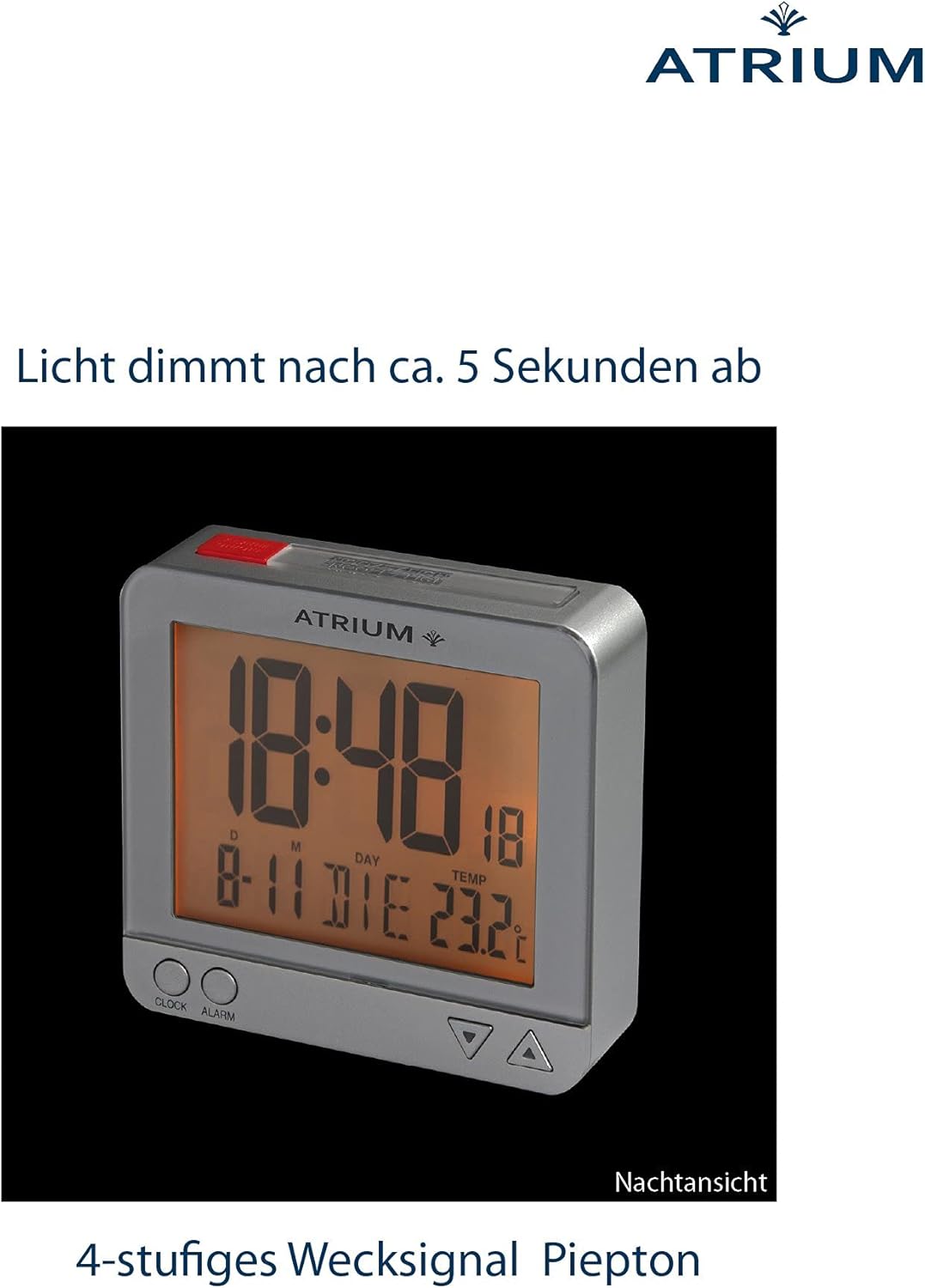 Atrium Funkwecker Reisewecker klein Digital Quarz LCD sensorgesteuertes Nachtlicht Beleuchtung Silbe