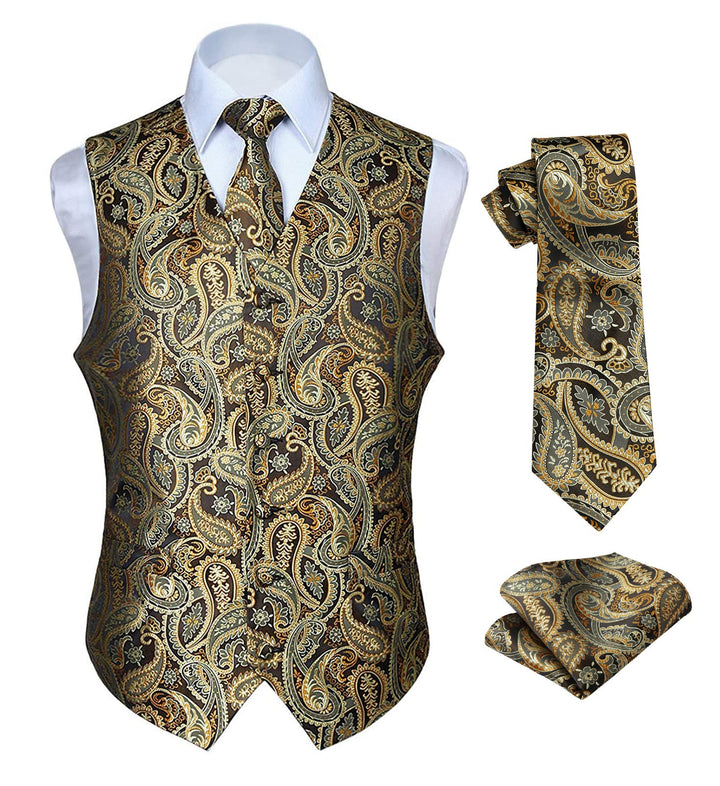 HISDERN Herren FLoral Hochzeit Weste Krawatte Einstecktuch Taschentuch Jacquard Weste Anzug Set L Go