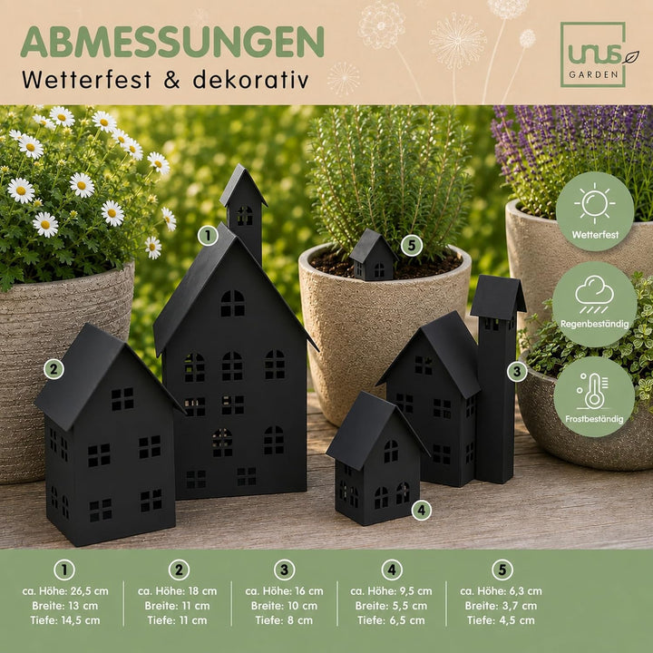 UNUS Deko Häuser 5er Set, Lichthäuser aus Metall, in Schwarz, Herbstdeko Outdoor, Weihnachtsdorf für